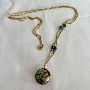 Vintage Cloisonne Flower Goldtone Round Pendant Chain Necklace